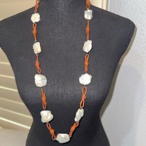 Vintage Sterling Silver White Coin Pearl Long on Leather Necklace Signed AS 925